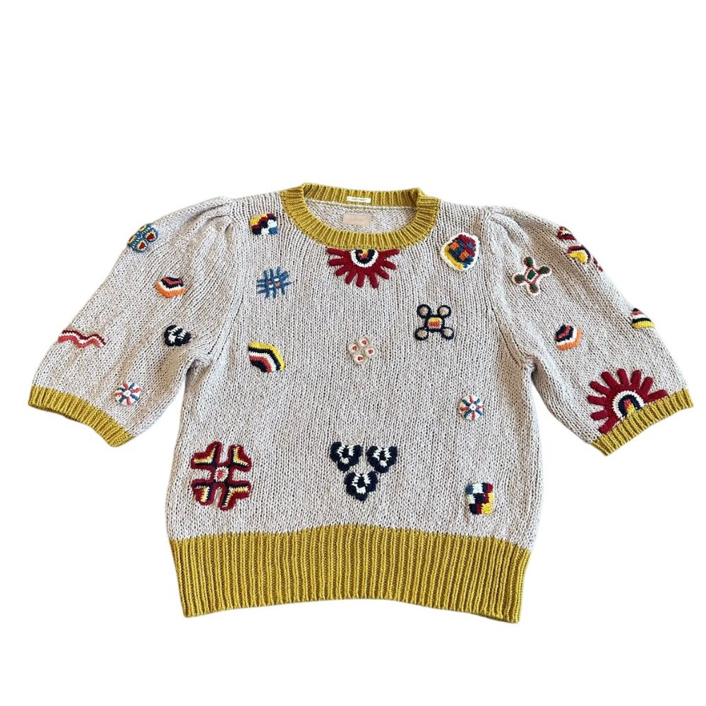 Mother Powder Puff Short Sleeve Sweater Ticket to Ride Bold Print Size Large - Picture 2 of 14